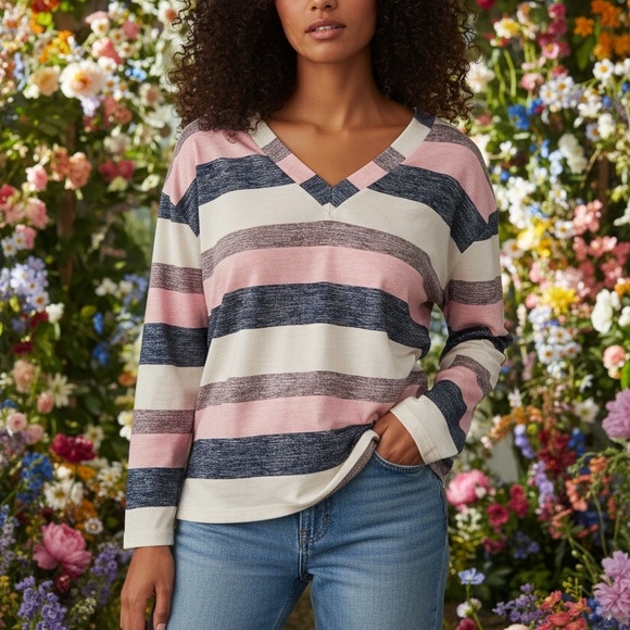 Tops - Striped V-Neck Sweater
